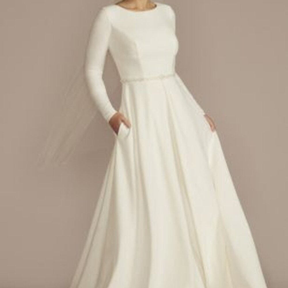 Davids Bridal Belted Long Sleeve Crepe Modest Wedding Dress